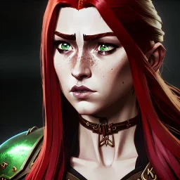 hyper realist, hyper detailed, stunningly beautiful teen girl, long ginger hair, green eyes, medium freckles, full lips, skimpy fantasy intricate leather armour, full body and head, c-cup breasts, aroused expression, biting lower lip, full frame, petite, centered camera