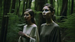 Cinematic Medium shot, young women standing in the forest holding plants, in the style of infused nature, video collages, made of veins, detailed face, dark green and white --style raw