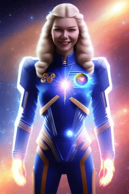 cosmic woman smile, admiral from the future, one fine whole face, crystalline skin, expressive blue eyes,rainbow, smiling lips, very nice smile, costume pleiadian, Beautiful tall woman pleiadian Galactic commander, ship, perfect datailed golden galactic suit, high rank, long blond hair, hand whit five perfect detailed finger, amazing big blue eyes, smilling mouth, high drfinition lips, cosmic happiness, bright colors, blue, pink, gold, jewels, realist, purple hairs