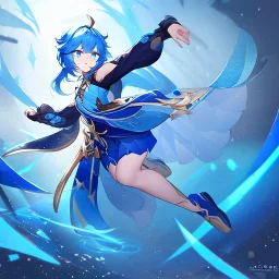 Clear focus,High resolution, Vibrant short blue hair, Vibrant blue eyes, Genshin impact inspired outfit, wearing a short skirt, kicking pose, full body, jumping