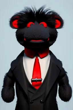 Waist up muppet Portrait, Kim Jong-un muppet doll, black suit, photo studio, red background, unreal engine 5, concept art, art station, god lights, ray tracing, RTX, lumen lighting, ultra detail, volumetric lighting, 3d.