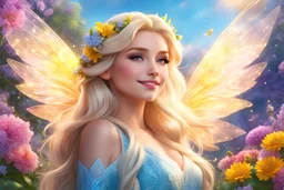 large fairy wings. As the morning sky casts its dreamy gaze on Elsa, amidst the vibrant flowers of spring, straight blonde hair, her straight blonde locks shimmer like a golden halo. smiling. high purity. very detailed, digital art, beautiful detailed digital art, colorful, high quality, 4k
