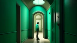 Surreal, digitally manipulated image featuring a narrow, dimly lit corridor with textured, blue-green walls and a wooden ceiling. The layout includes an arched doorway on the right side, through which a young person with light skin and short hair is partially visible, holding a small object. The person is wearing a white shirt and appears to be looking into the corridor. The lighting creates a mysterious and ethereal atmosphere, with shadows and light playing across the surfaces. There is a sign