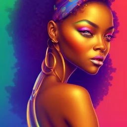 Portrait of beautiful black woman, illustration, bright colors, long curly hair