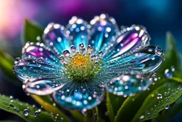 spring dew, macro photo, sparkling magical fantasy, glass flower dewdrop, very detailed, amazing quality, etheral, intricate, cinematic light, highly detailed, beautiful, epic, galaxy fantasy colors, stunning