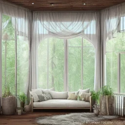 a gorgeous, stunning room facing a huge window with mystical forest view, multiple pastel pillows on rustic wood floor, candles, gauzy curtains, plants, tranquil, 8k resolution, high-quality, fine-detail, digital art, detailed matte, volumetric lighting, illustration, 3D octane render, brian froud, howard lyon, selina french, annie stokes, lisa parker, greg rutowski,