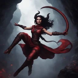 a beautiful tiefling woman with dark hair in a sleeveless battle outfit, floating in the air over a dark chasm, photo quality, dark red colors