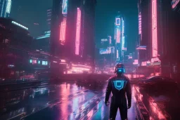 3D, beautiful, light reflecting, empty future city at night, rainy night, neon, cyberpunk, tron, person with helmet walking, 8k, finely detailed, photo realistic