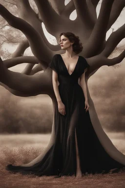 Wednesday in a low-cut black gown standing under a black tree, photorealistic, delicate detail.