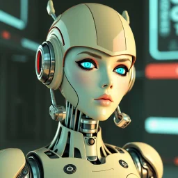 a retro-futuristic feminine android robot, space age, dystopia, stylised, digital art, 3d render