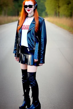 pretty young girl, red long haired, nice smile, sunglasses, headphones, nice body, big bubs and nice legs, little leather jacket, skirt and boots rocker fashion