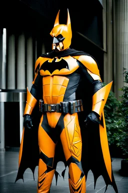 Batman in futuristic orange armor, photograph