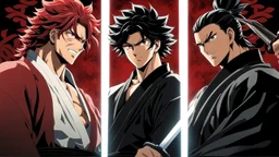 yujiro hanma vs yoriichi tsugukuni, baki vs kimetsu no yaiba, two mans standing in front of each other, a big strong man in black shirt with red hair and evil grin facing a smaller swordsman with long hair and calm face in traditional japanese clothes