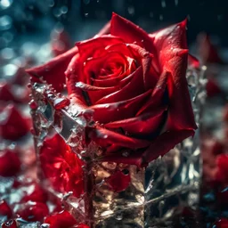 close-up photo of a beautiful red rose breaking through a cube made of ice , splintered cracked ice surface, frosted colors, blood dripping from rose, melting ice, Valentine’s Day vibes, cinematic, sharp focus, intricate, cinematic, dramatic light