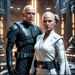 a bold and heroic bald male Corellian pilot in black and grey First Order special forces gear meets a female Jedi Master in ancient, mystical temple, hyperdetailed, dynamic lighting, hyperdetailed background, 8k resolution, volumetric lighting, light skin, fully symmetric details