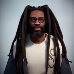 a black man with long dreadlocks, an unkempt beard, and colorful robes.