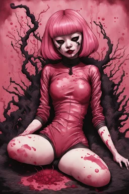 Goth Asian woman, lying pose, rabbit mask, pink short hair, latex suit, highly detailed, fullbody, splashes blood, behind guts rising from the ground, papercut illustration by <John Kenn Mortensen>, darkred tones,