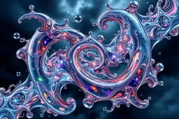 Dynamic complex hypnotic fractal 3D structures with horizontal Symmetry twisting and morphing between organic and geometric forms , smooth translucent iridescent glass with inner glow and bubbles, varied transparent materials, stormy skies, intense dramatic
