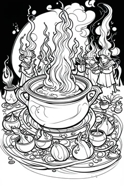 A cauldron bubbling with green potion, surrounded by witches casting spells. Outline, sketch style, only use outline, mandala style, clean line art, white background, no shadows, no clear wall, coloring page.