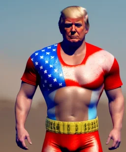 Realistic image of Donald trump wrestler, Mexican wrestling style, eye liner, red and blue breeches, glow us flag dress, suspenders, retro style, 80s, vibrant color, highly detailed, clean background, concept art, unreal engine 5, god rays, ray tracing, RTX, lumen lighting, ultra detail, volumetric lighting, 3d, finely drawn, high definition, high resolution.