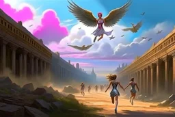 View of Elysium with winged females flying over people running away in fear
