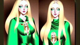 A woman who had green eyes and long blond hair that she wore in elaborate coiffures. Being known as someone at the height of fashion, prior to her disappearance, she favored wearing green and golden outfits to match her physical features.