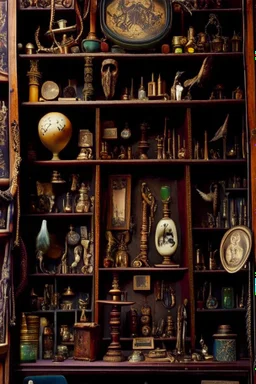 Within the cabinet of Curiosities , each shelf held a treasure trove of peculiar and enigmatic artifacts from distant lands and bygone eras .