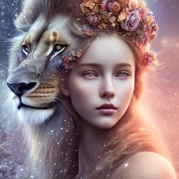 Young beautiful girl wearing floral crown next to a majestic, stunning lion on nature forest path, Chronicles of Narnia, 8k resolution, high-quality, fine-detail, iridescent, intricate, digital art, detailed matte, volumetric lighting, beautiful, illustration, 3D octane render, brian froud, howard lyon, selina french, anna dittmann, annie stokes, lisa parker, greg rutowski,