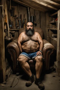 full figure shot photography of a 49-year-old turkish chubby heavyset tattoo very hairy sweaty worker sitting spread-legged in an old sofa inside a construction site shed, big shoulders, boots, dressed in bulging shorts,shirtless, stubble, big manly legs, hairy chest, serious eyes, midnight, dim neon lights illuminating and shine on the beards of sweat that fill his large chest, photorealistic , ambient occlusion