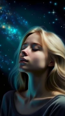 beautiful girl with blond hair dreaming of a galaxy world with some dark rain and 2d angle