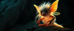 pen outline with some neon airbrush, illuminated transparent glowing quickling pixie gremlin in the shadows with long fluffy white fur looking at awesome glowing cave painting, pin hole camera, in the style of Rembrandt