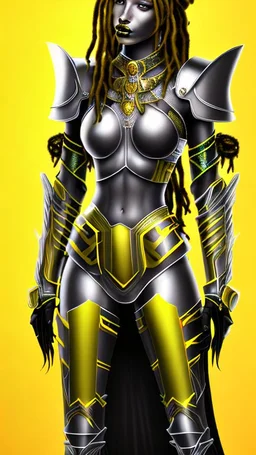 A woman has tanned skin, yellow eyes and black dreads. Her face show her superiority in the eyes of others. She is dressed in a steel armor with a few pieces of yellow and green fabric sticking out.