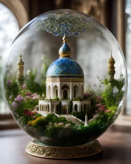 The miniatur islamic mosque in ball glass is an abstract concept that refers to a world made entirely of flowers or plants, often in a fantasy or mythical setting. The flower planet in this image appears to be a baroque world, with ornate spiral patterns and intricate designs.