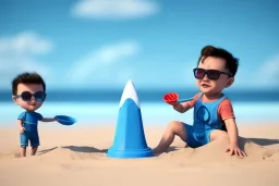 Toddler Elon Musk building a tall space rocketShip sand castle on the beach, Blue shovel, plastic bucket, sunglasses