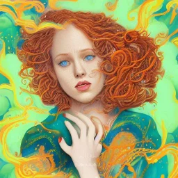 Deborah ann woll, her striking perfectly detailed clear eyes, her perfect, precisely detailed lightly freckled face, meticulously detailed long curly multi-hued ginger carrot cherry fire red hair, luminous colorful sparkles; by james r. eads, gawki, rajewel, tania rivilis, dan mumford, lisa frank, artgerm, greg rutkowski, alphonse mucha and william-adolphe bouguereau; glitter, airbrush, octane render, volumetric lighting, 16k, photorealistic digital painting, artstation, smooth, sharp focus, col