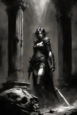A stern girl warrior, in an ancient dungeon, broken columns, smoky lamps, semi-darkness, horror and fear, black pencil, Raymond Swanland