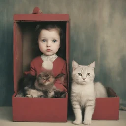 Blythe dol in a boxl, red, old autochrome, cardboards, and a cat