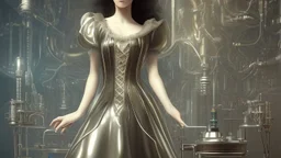 woman with dark wavy hair, with detailed metallic legs and arms, dressed like a Victorian, in a laboratory full of small machines