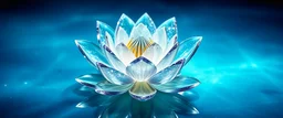 fiore neinfea di cristallo trasparente con petali di cristallo aperti, con sfondo cosmico blu e turchese