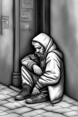 One single mature homeless budgerigar with worn out clothes, sleeping in a corner on the street, Vienna, mourning, model style, hyper realistic, extremely accurate, delicate, extremely detailed, Graphic novel style, wide-angle, open aperture, superfine pencil