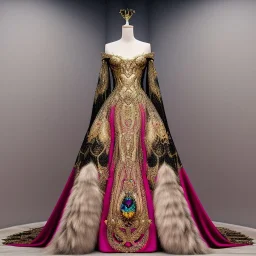 stunning extrem opulent haute couture gown designed by Marchesa inspired by fairies, realistic epic elegant fantasy color mix of gold and black and red,decorated with precious stones, detailed, high quality, intricate, fantasyland background,