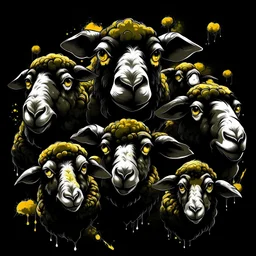 Create a visually striking image with strong contrasts of black and gray, accented by touches of white and gold. Depict 12-14 black zombie sheep faces closely arranged in Rembrandt lighting, some wearing sunglasses and others smiling with gold teeth, others biting the other sheep. At the center, portray a white zombie sheep with manic eyes and 'X' pupils, biting a neighboring sheep. Infuse the composition with urban flair, blending whimsical elements with gritty street art aesthetics.