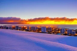 Honolulu Hawaii hotels covered in winter snow and ice at sunrise, winter wonderland