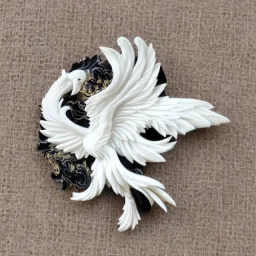 phoenix ivory brooch against black velvet, opalescent marble carving, decorative design, classical ornament, highly ornate, highly intricate, highly detailed etching, marble carving, warm lighting