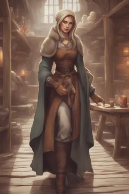 DnD style, medieval beautiful woman dressed in warm winter clothes sitting in a tavern