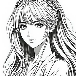 create a coloring book page of a beautiful anime girl , black and white, high contrast