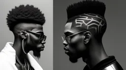 two Afro-American males facing each other in profile, confrontational stance, high-contrast black and white, deep shadows, bright rim lighting, dark studio background, punk spiked mohawk hairstyles, metallic reflective jackets, skin highlights, intricate chrome ear frames and jawline exoskeleton jewelry, biomechanical ear cuffs, sculptural contours, sharp silhouettes, cinematic low-key photography, cyberpunk aesthetic, symbolic duality, tension, dramatic