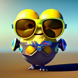 lemon wearing sunglasses, relaxing on the beach, pixar movie still, 3d, realistic render, hyperdetailed