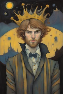 Otherworldly, Ludwig Bemelmans painting of young beardy Wesley Wood-Colby Keller Golden dark king want to grab you, Epic Shakesperian murales, paranormal art, avant garde pop surrealism, dark intriguing nightmarish, fantasy, dark, moody, artwork by Gerald brom, bizarre art, abnormal behaviour, surreal, random and thought provoking, pop surrealism, ((art by Francis bacon)), surreal composition, moody vivid dark, flat colour floor, psychological, intriguing, paradoxical Art, Mar