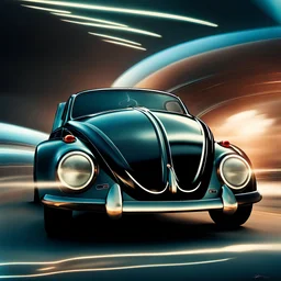 a high definition screen shot of a jet-fighter vw-beetle, retrofuturistic, phototrealism, in flight, one subject, should have wings with atleast one exposed jet on each wint or one coming throught thr front and center of the vehicle.